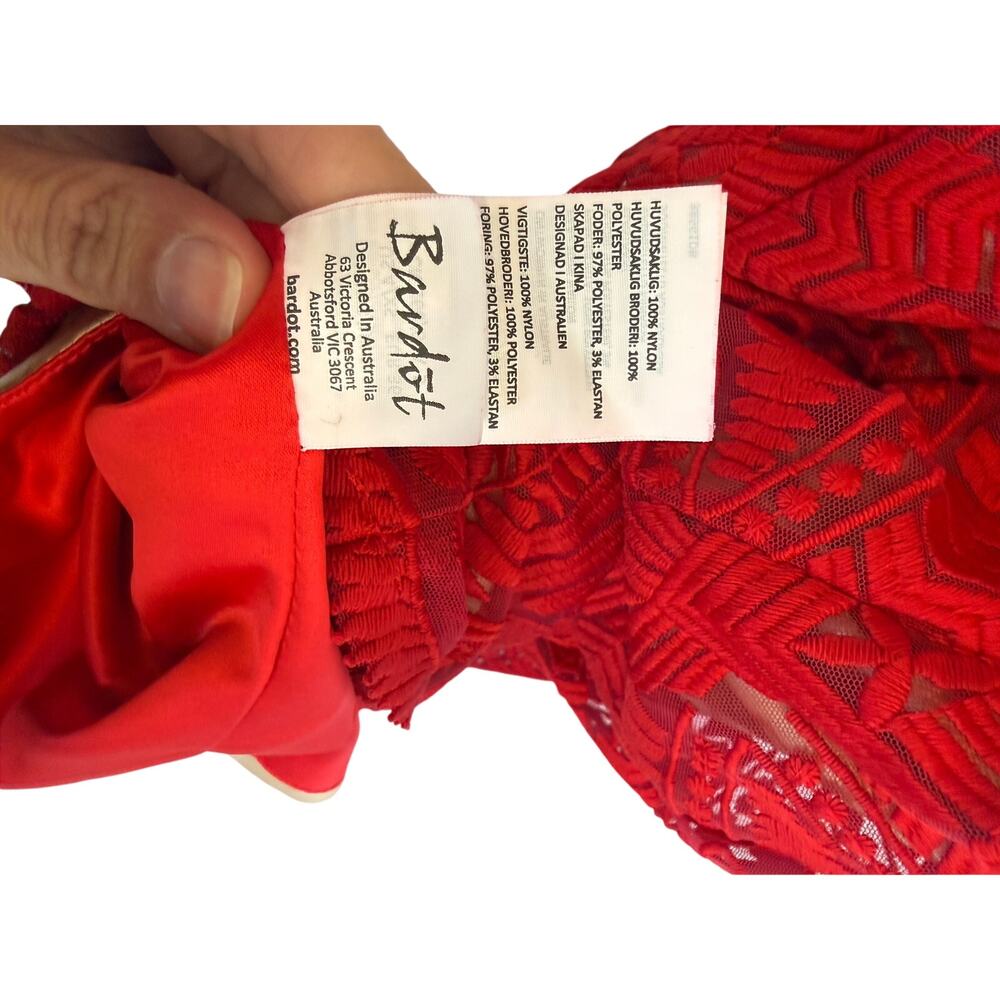 Bardot Embroidered Mesh Cocktail Dress Red XS Sheath Lace Overlay - Picture 8 of 10